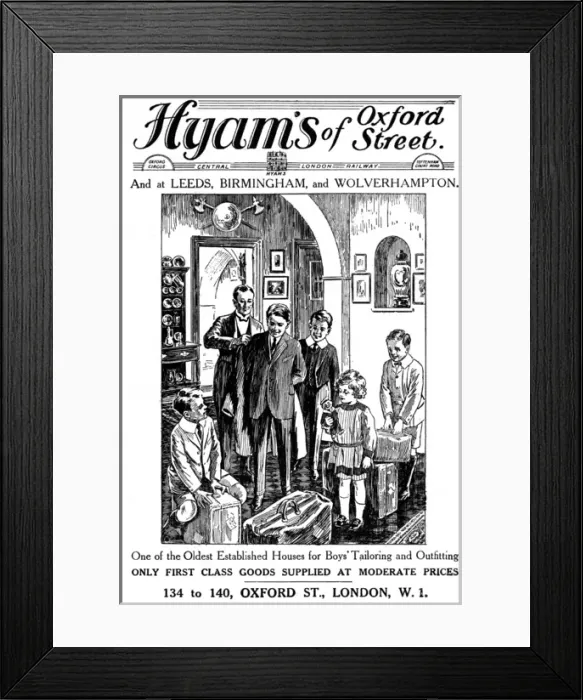 Framed Print : Hyams of Oxford Street, boys outfitters, advertisement Framed Print : Hyams of Oxford Street, boys outfitters, advertisement