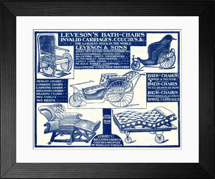 Framed Print : Advert for Levesons invalid & bath chairs 1908 Advert for Levesons invalid & bath