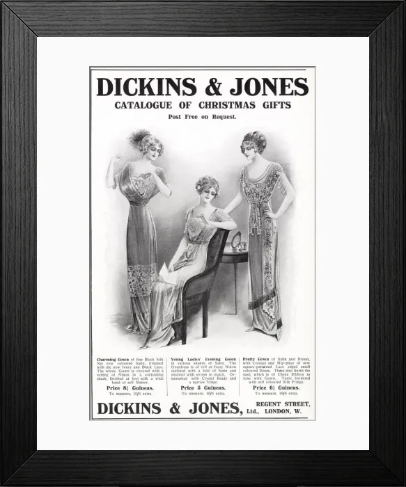 Framed Print : Christmas gift from Dickins & Jones catalogue, showing three ladies wearing slim-lined Framed Print : Christmas gift from Dickins & Jones catalogue, showing three ladies wearing slim-lined