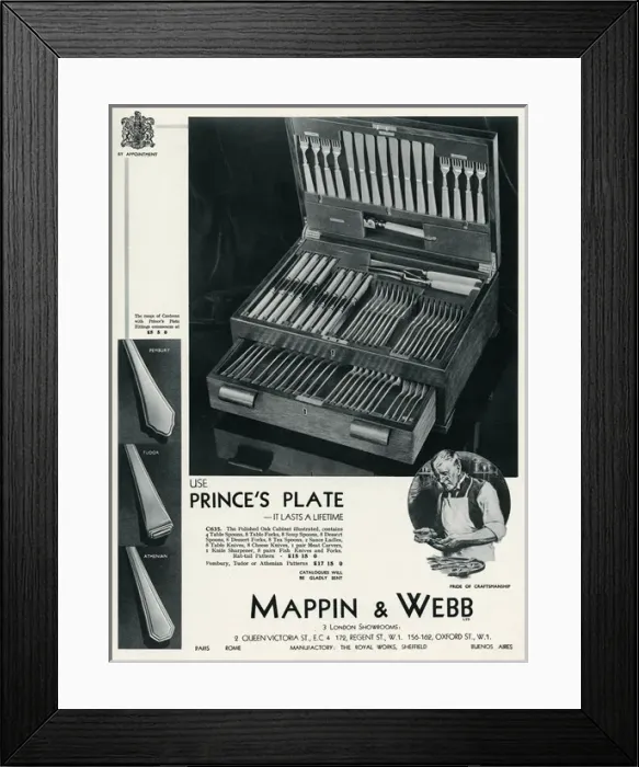 Framed Print : Advert for Mappin & Webb Princes Plate cutlery case 1935