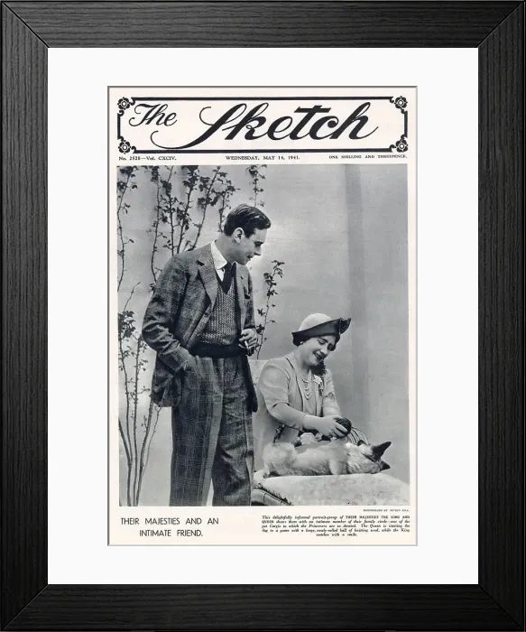 Framed Print : Front cover of The Sketch featuring King George VI (1895 - 1952), with his wife and consort, Queen Elizabeth (1900 - 2002), and one of their pet dog Corgis. Date: 1941 Framed Print : Front cover of The Sketch featuring King George VI (1895 - 1952), with his wife and consort, Queen Elizabeth (1900 - 2002), and one of their pet dog Corgis. Date: 1941