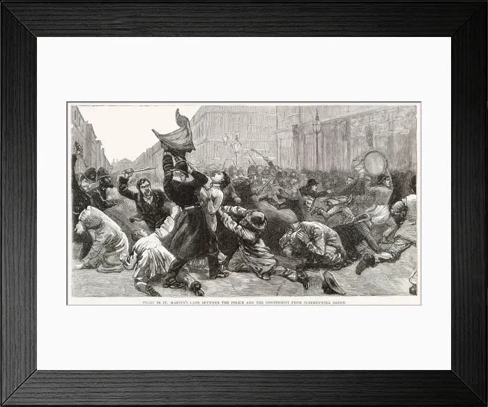 Framed Print : Flight in St. Martin's Lane between the police and the contingent from Clerkenwell Green. Police meet rioters and dispersed a procession marching from Clerkenwell Green, the struggle was severe while it lasted Framed Print : Flight in St. Martin's Lane between the police and the contingent from Clerkenwell Green. Police meet rioters and dispersed a procession marching from Clerkenwell Green, the struggle was severe while it lasted