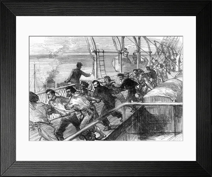 Framed Print : The hauling up of a lifeboat on HMS Serapis, 1875