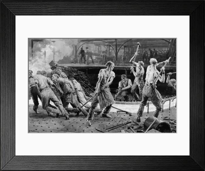 Framed Print : Workmen hammering rivets into a vessel Framed Print : Workmen hammering rivets into a vessel