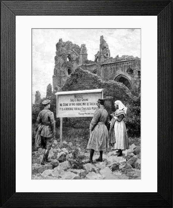 Framed Print : Notice by ruined church, Ypres, Belgium, WW1