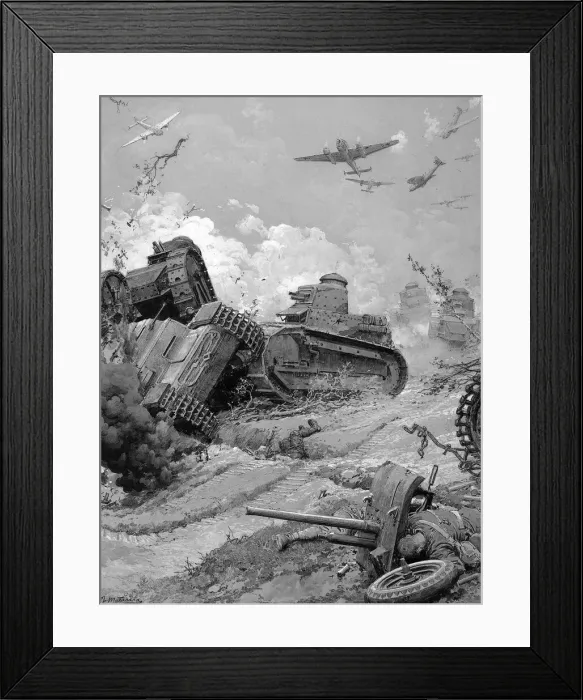 Framed Print : Army tanks in battle with planes overhead, WW2 Framed Print : Army tanks in battle with planes overhead, WW2