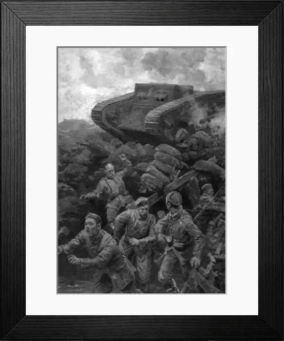 Framed Print : German soldiers fleeing from a firing tank, WW1 Framed Print : German soldiers fleeing from a firing tank, WW1