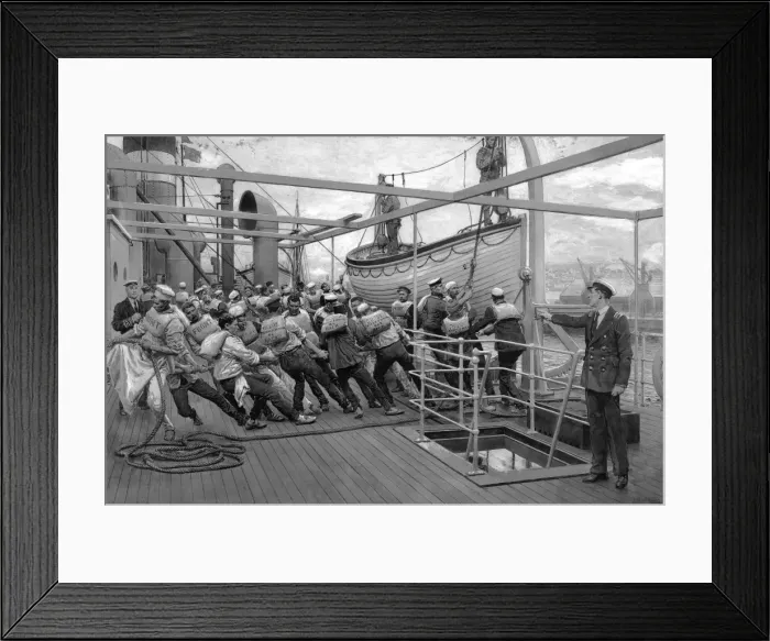 Framed Print : Sailors hauling a boat onto the deck of a ship, WW1 Framed Print : Sailors hauling a boat onto the deck of a ship, WW1