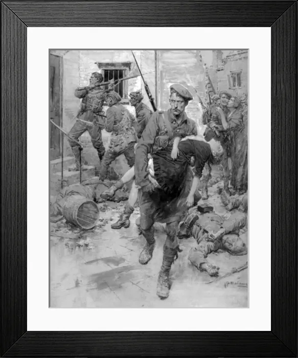 Framed Print : Scottish soldier in Loos rescuing French girl, WW1 Framed Print : Scottish soldier in Loos rescuing French girl, WW1