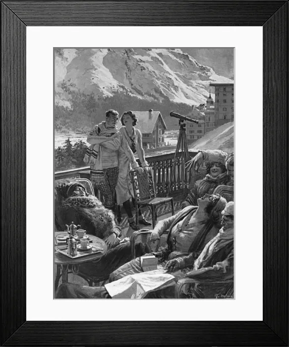 Framed Print : A hotel terrace after lunch in St. Moritz, Switzerland