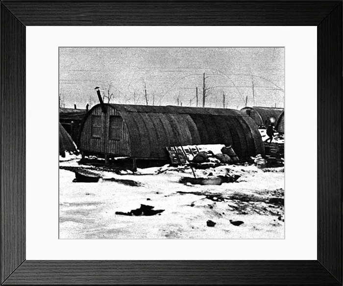 Framed Print : Weatherproof winter field-barracks: snowy Nissen huts, 1917 Framed Print : Weatherproof winter field-barracks: snowy Nissen huts, 1917