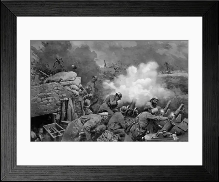 Framed Print : French trench artillery in action by Matania, WW1 Framed Print : French trench artillery in action by Matania, WW1