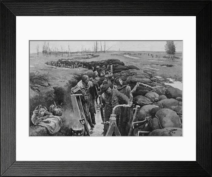 Framed Print : Winter 1915, flooded British trench by Matania, WW1 Framed Print : Winter 1915, flooded British trench by Matania, WW1