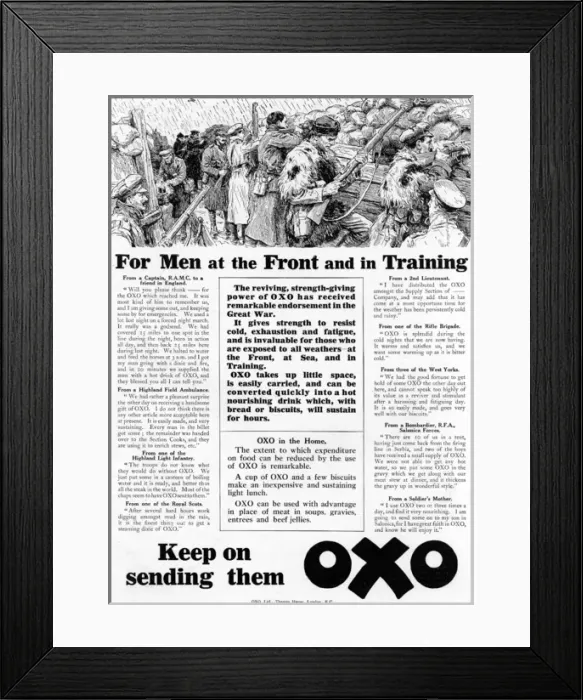 Framed Print : Oxo advertisement with trench scene, WW1 Framed Print : Oxo advertisement with trench scene, WW1