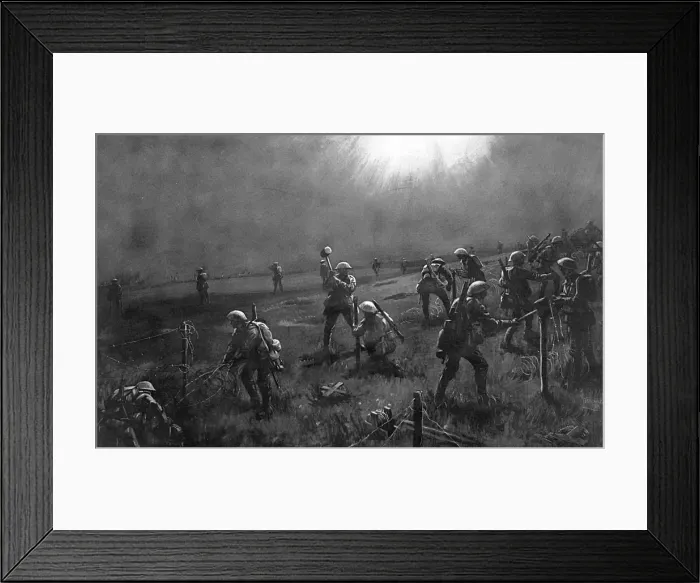 Framed Print : Barbed wire party freeze under enemy star shell, WW1