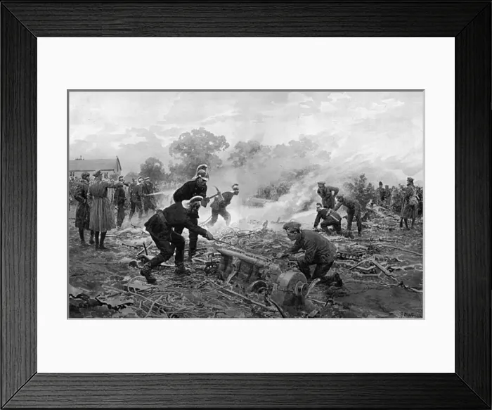 Framed Print : Clearing away wreckage at Cuffley by Matania, WW1