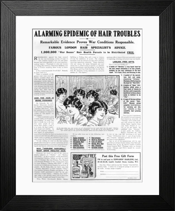 Framed Print : Harlene hair tonic advertisement, WW1