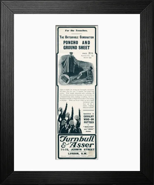 Framed Print : Advert for Turnbull & Asser, combined poncho & ground-sheet Framed Print : Advert for Turnbull & Asser, combined poncho & ground-sheet