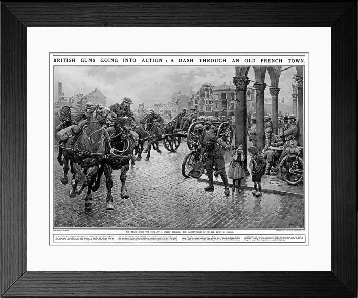Framed Print : British Guns dash through French town Framed Print : British Guns dash through French town