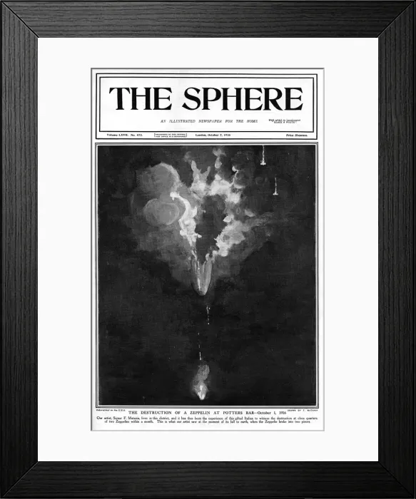 Framed Print : Sphere cover - destruction of zeppelin, Potters Bar, Matania Framed Print : Sphere cover - destruction of zeppelin, Potters Bar, Matania