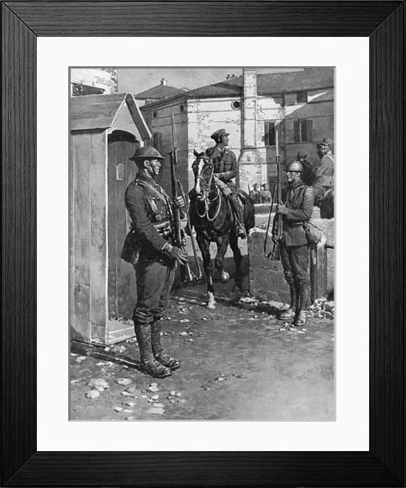 Framed Print : British and Italian sentries in Italy by Matania, WW1 Framed Print : British and Italian sentries in Italy by Matania, WW1