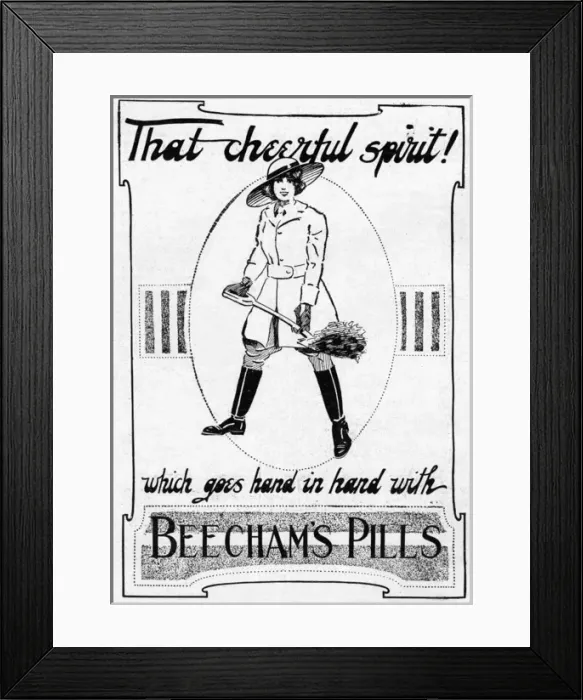 Framed Print : Beechams Pills advert with land girl, WW1 Framed Print : Beechams Pills advert with land girl, WW1