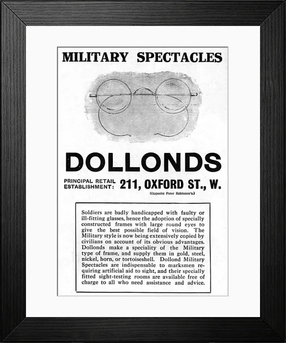Framed Print : Dollonds military spectacles advertisement, WW1