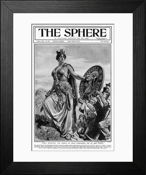 Framed Print : Sphere cover - Italy receiving shield of gold by Matania