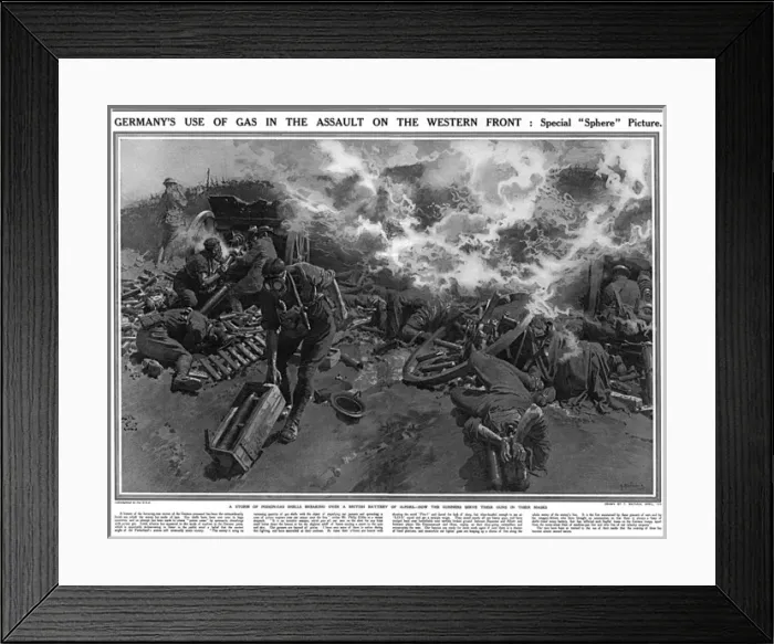 Framed Print : Gunners working through German gas attack by Matania Framed Print : Gunners working through German gas attack by Matania