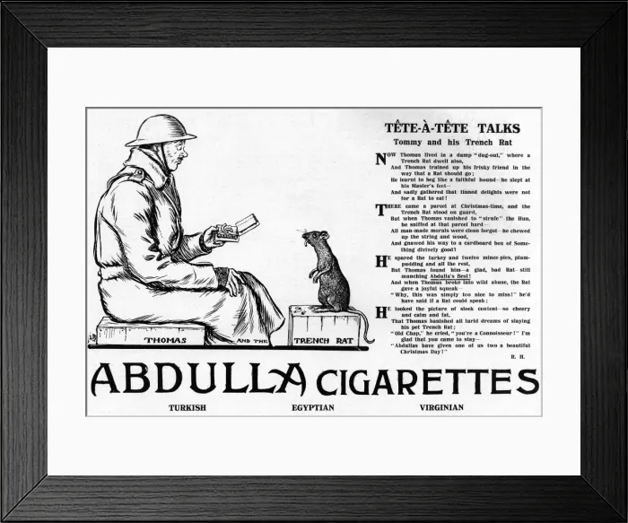 Framed Print : Abdullah cigarettes advertisement, WW1 - trench rats Framed Print : Abdullah cigarettes advertisement, WW1 - trench rats