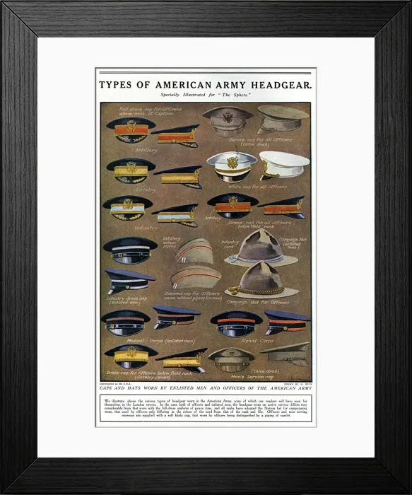 Framed Print : Types of American Army headgear, WW1