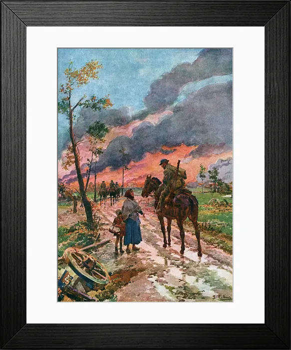 Framed Print : British trooper meets French woman on the road to Lille, WW1 Framed Print : British trooper meets French woman on the road to Lille, WW1