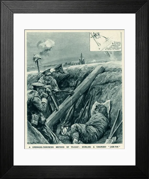 Framed Print : Jam-tin, hand-throwing grenade 1914 Framed Print : Jam-tin, hand-throwing grenade 1914