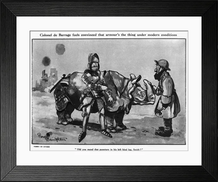 Framed Print : Colonel de Barrage and his armour, Bairnsfather cartoon, WW1 Framed Print : Colonel de Barrage and his armour, Bairnsfather cartoon, WW1