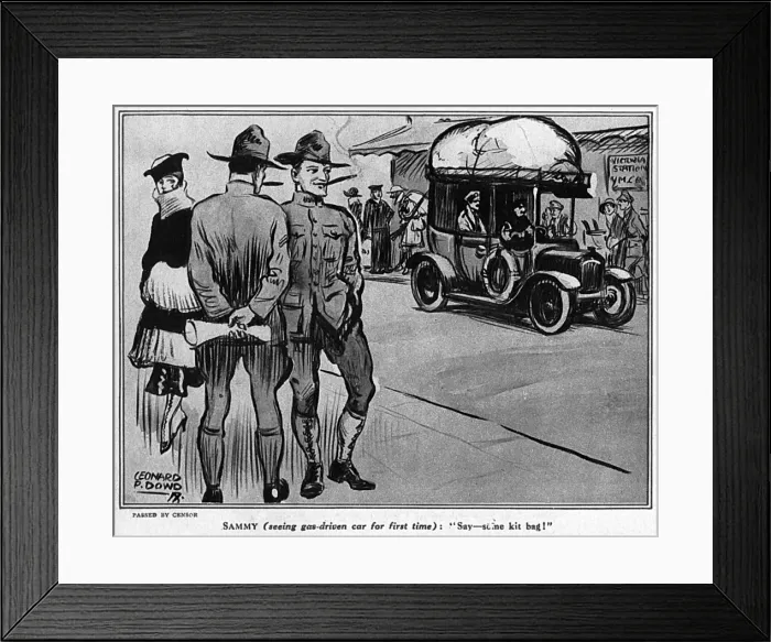 Framed Print : Gas powered cars, WW1 cartoon Framed Print : Gas powered cars, WW1 cartoon