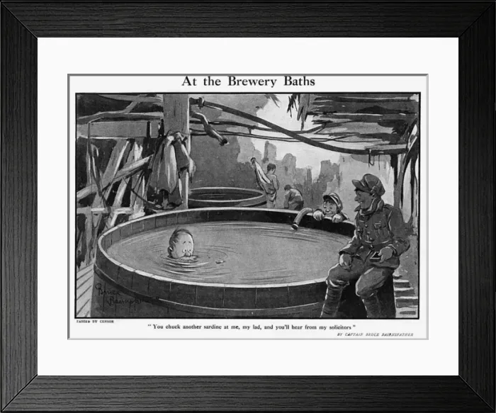 Framed Print : At the Brewery Baths by Bruce Bairnsfather, WW1 cartoon Framed Print : At the Brewery Baths by Bruce Bairnsfather, WW1 cartoon