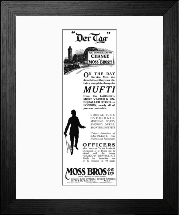 Framed Print : Moss Bros advertisement, end of WW1, demobilisation Framed Print : Moss Bros advertisement, end of WW1, demobilisation