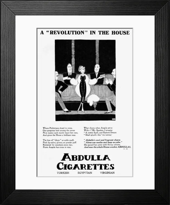 Framed Print : Abdulla Cigarettes advert featuring female M. P. 1919 Framed Print : Abdulla Cigarettes advert featuring female M. P. 1919