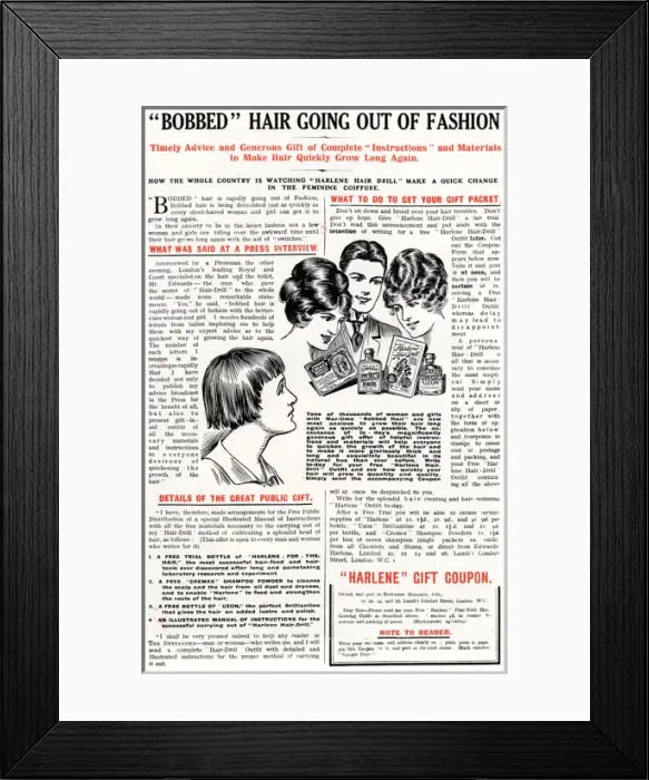 Framed Print : Bobbed hair going out of fashion, 1919 Harlene advert Framed Print : Bobbed hair going out of fashion, 1919 Harlene advert