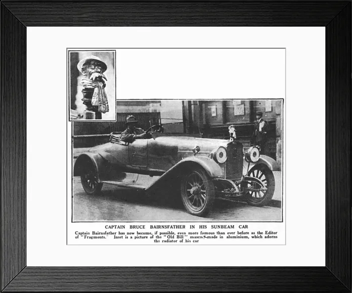 Framed Print : Bruce Bairnsfather in his Sunbeam with Old Bill mascot Framed Print : Bruce Bairnsfather in his Sunbeam with Old Bill mascot