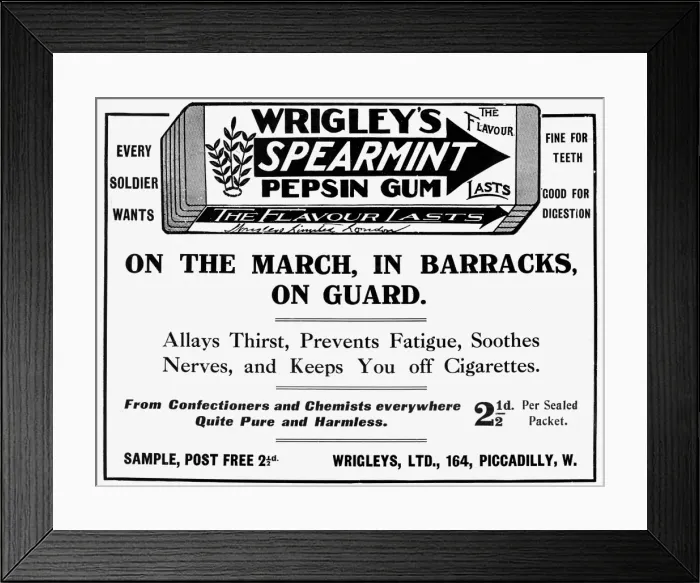 Framed Print : Wrigleys Spearmint gum advertisement, WW1 Framed Print : Wrigleys Spearmint gum advertisement, WW1