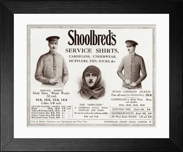 Framed Print : Advert for Shoolbreds service clothing 1915 Framed Print : Advert for Shoolbreds service clothing 1915