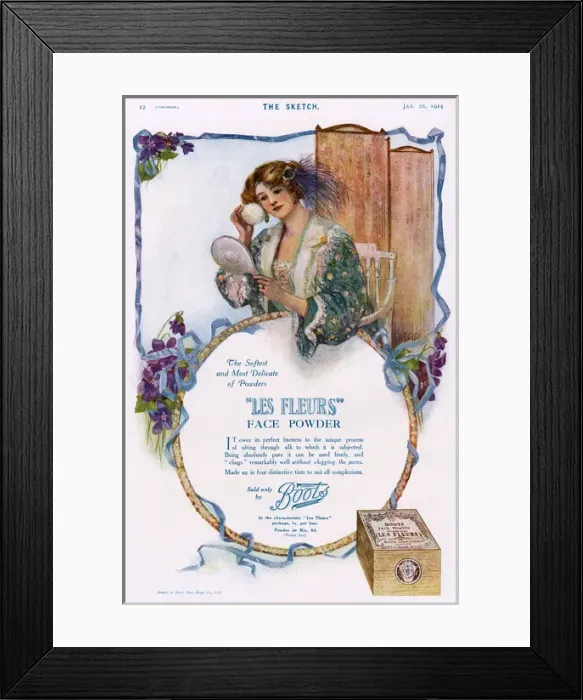Framed Print : Boots Les Fleurs face powder advertisement, 1914 Framed Print : Boots Les Fleurs face powder advertisement, 1914
