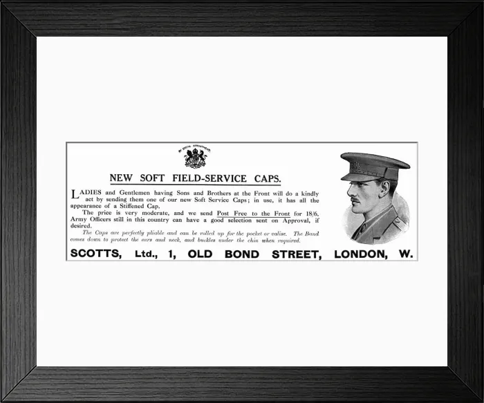 Framed Print : Scotts advert for soft field service caps, WW1 Framed Print : Scotts advert for soft field service caps, WW1