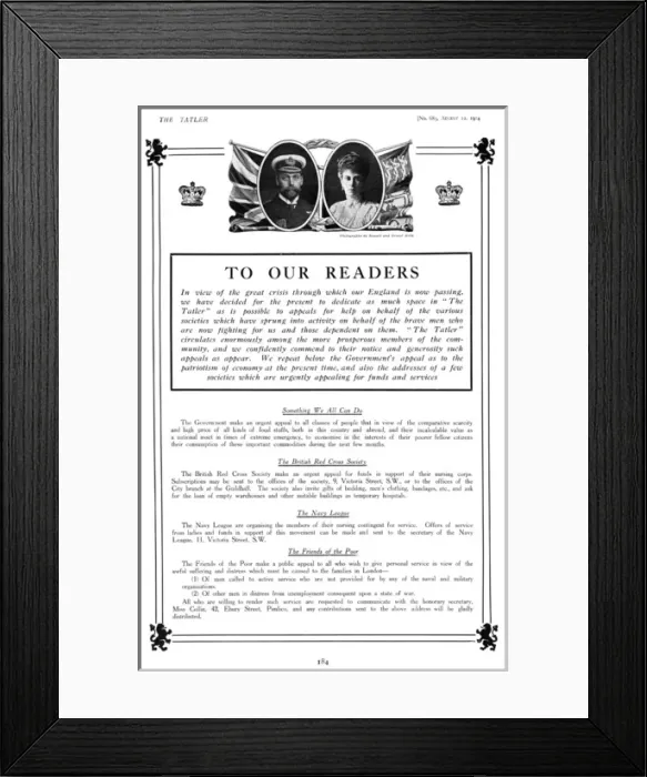 Framed Print : Tatler letter to its readers, outbreak of First World War