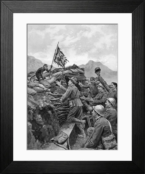 Framed Print : Monkey mascot steals enemy flag, WW1 Framed Print : Monkey mascot steals enemy flag, WW1
