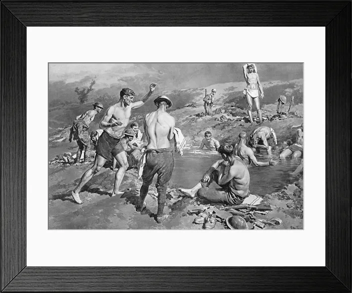 Framed Print : British soldiers bathing in flooded shell hole by Matania Framed Print : British soldiers bathing in flooded shell hole by Matania