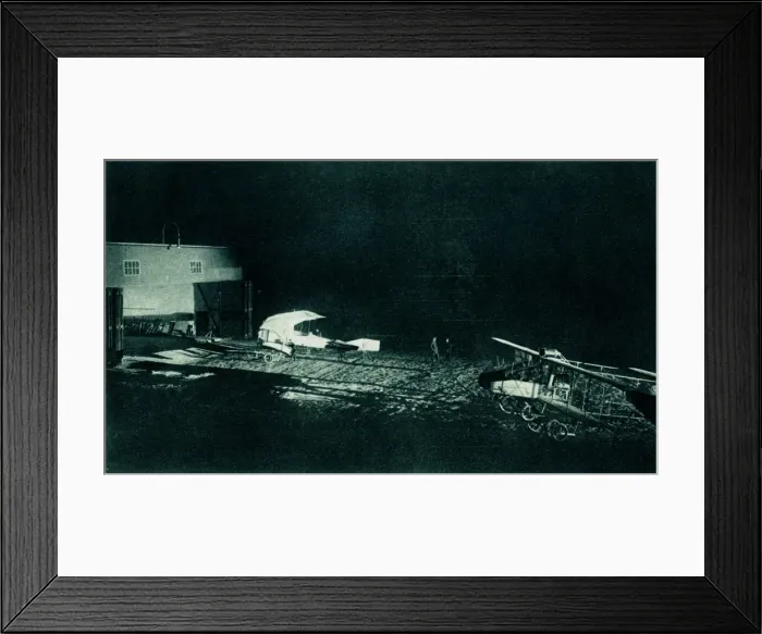 Framed Print : WW1 - German airfield lit up by searchlights Framed Print : WW1 - German airfield lit up by searchlights