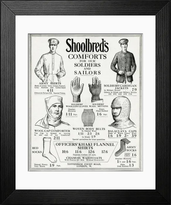 Framed Print : Advert for Shoolbreds soldiers & sailors comforts 1915 Framed Print : Advert for Shoolbreds soldiers & sailors comforts 1915