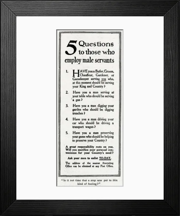 Framed Print : WW1 recruitment: employers encourage servants to enlist, 1915 Framed Print : WW1 recruitment: employers encourage servants to enlist, 1915